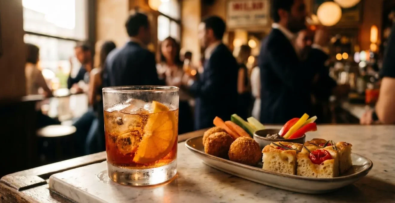 Aperitivo milanais élégant avec cocktails colorés et assortiment de bouchées raffinées