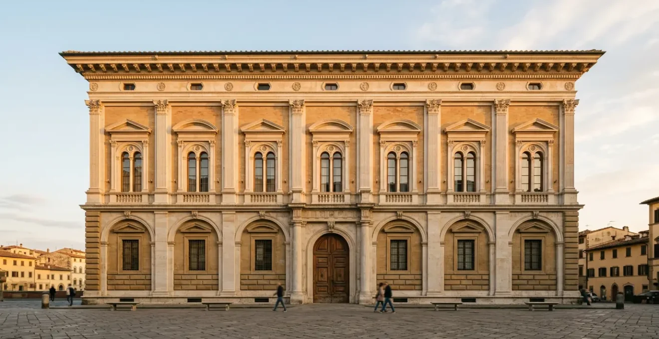Vue architecturale d'une façade Renaissance italienne illustrant les proportions classiques et la symétrie