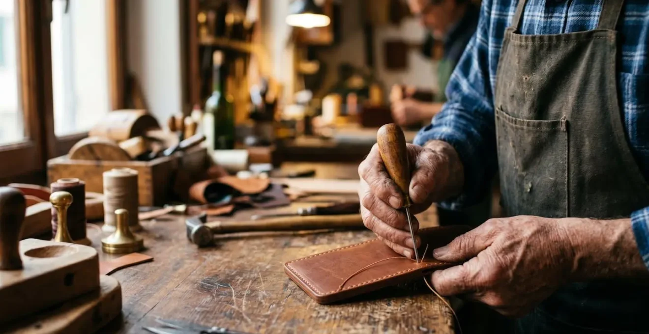 Gros plan sur les mains d'un artisan travaillant le cuir dans un atelier traditionnel florentin