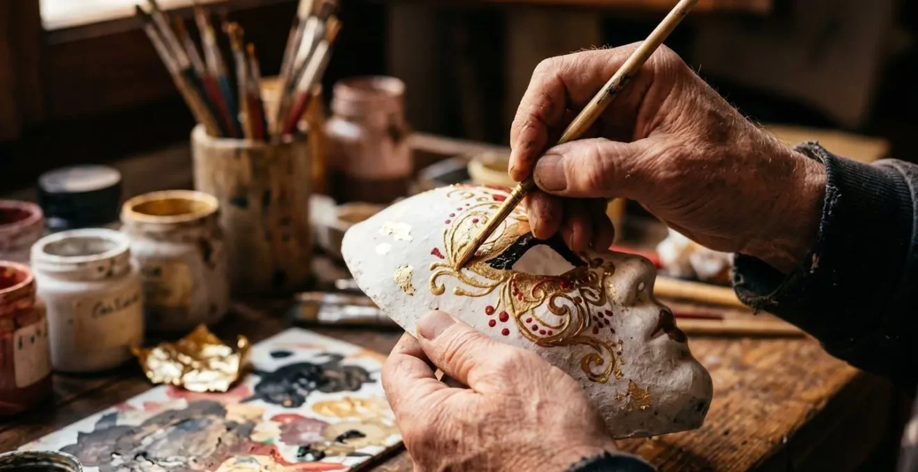 Artisan vénitien travaillant un masque de carnaval dans son atelier traditionnel