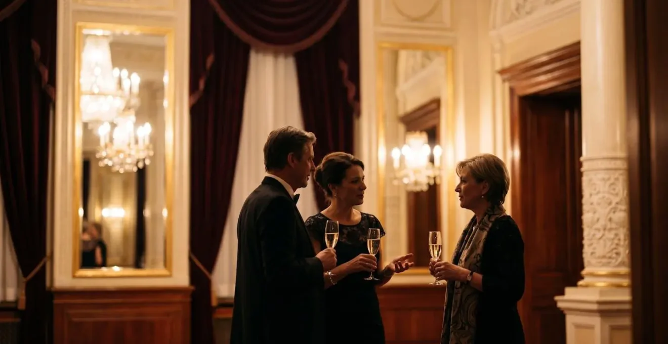 Ambiance élégante d'un foyer d'opéra historique pendant l'entracte avec lustres et architecture néoclassique