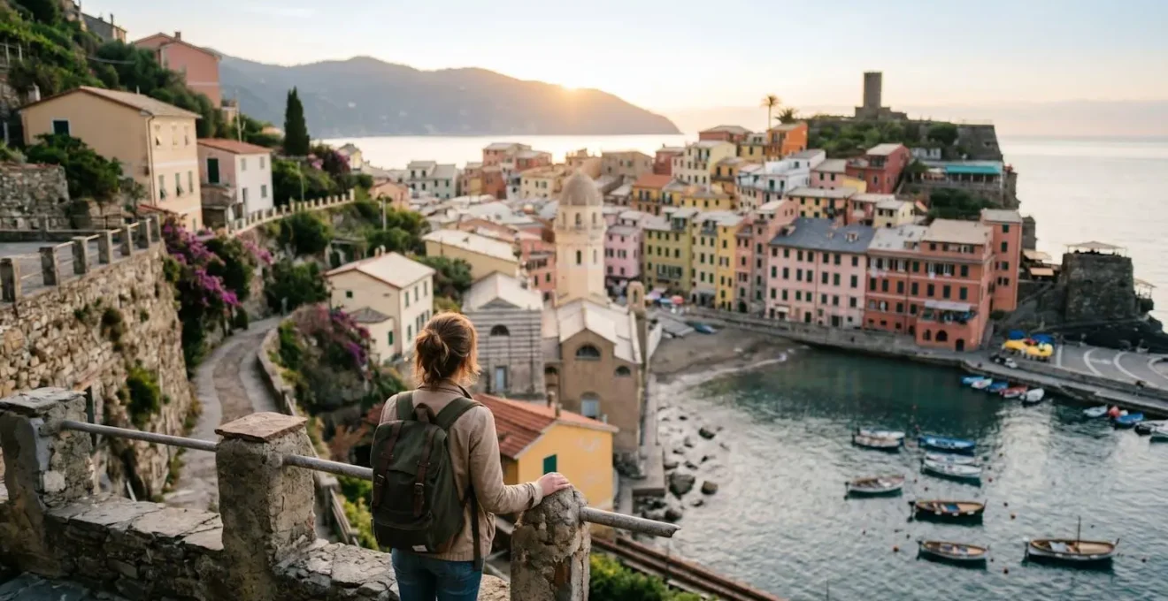 Village côtier italien avec port et maisons colorées en terrasses, point de départ idéal pour explorer la région