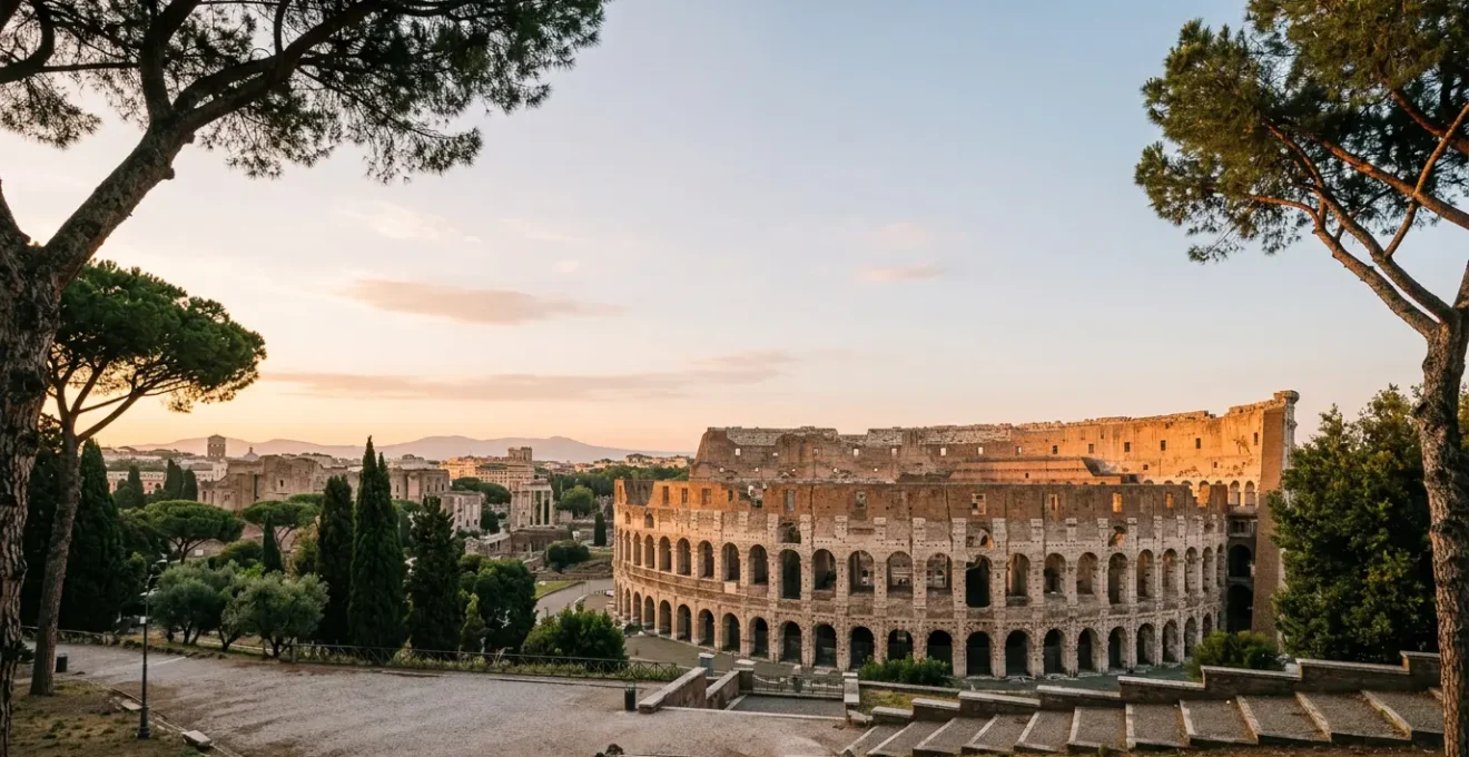 Vue panoramique du Colisée de Rome au lever du soleil avec ses arches antiques