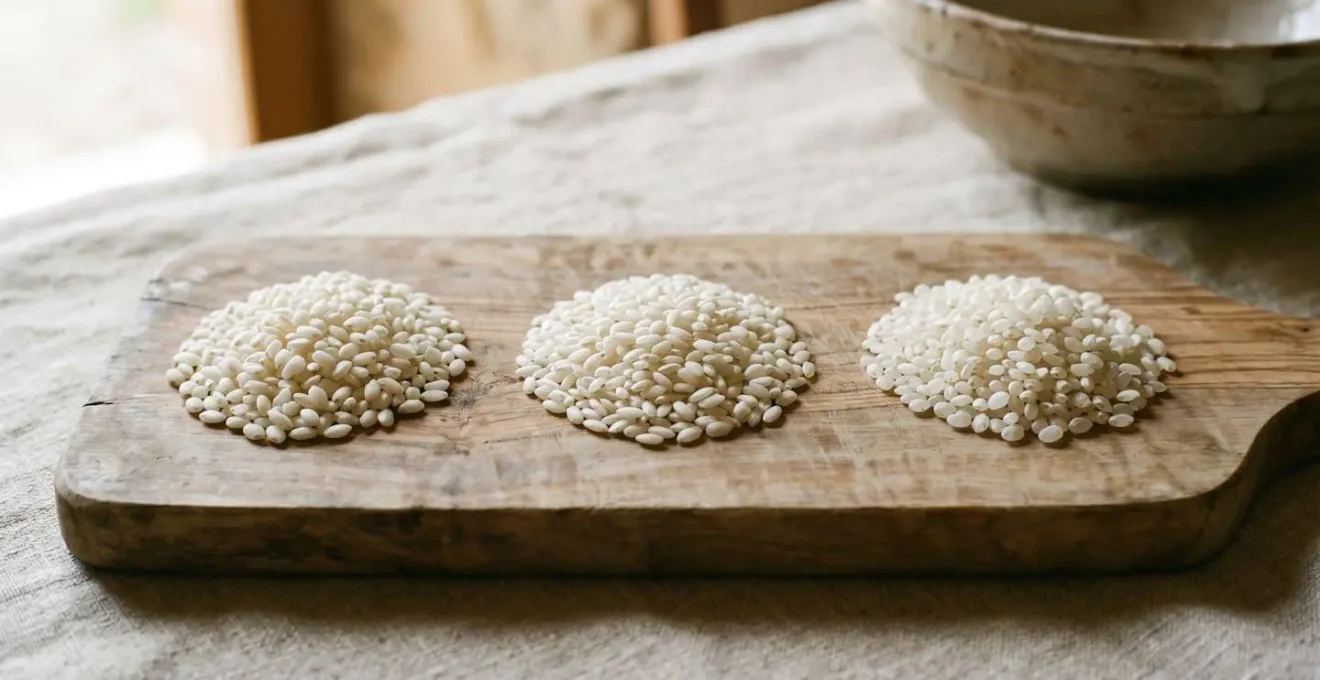 Trois variétés de riz italien Arborio Carnaroli et Vialone Nano présentées côte à côte montrant différences de forme et taille