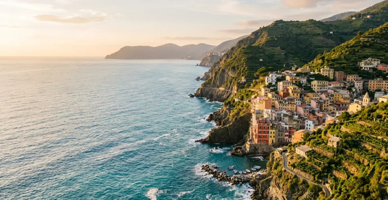 Paysage côtier méditerranéen italien avec villages perchés sur des falaises surplombant la mer
