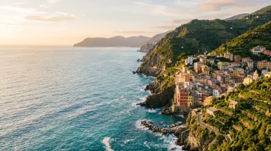 Paysage côtier méditerranéen italien avec villages perchés sur des falaises surplombant la mer