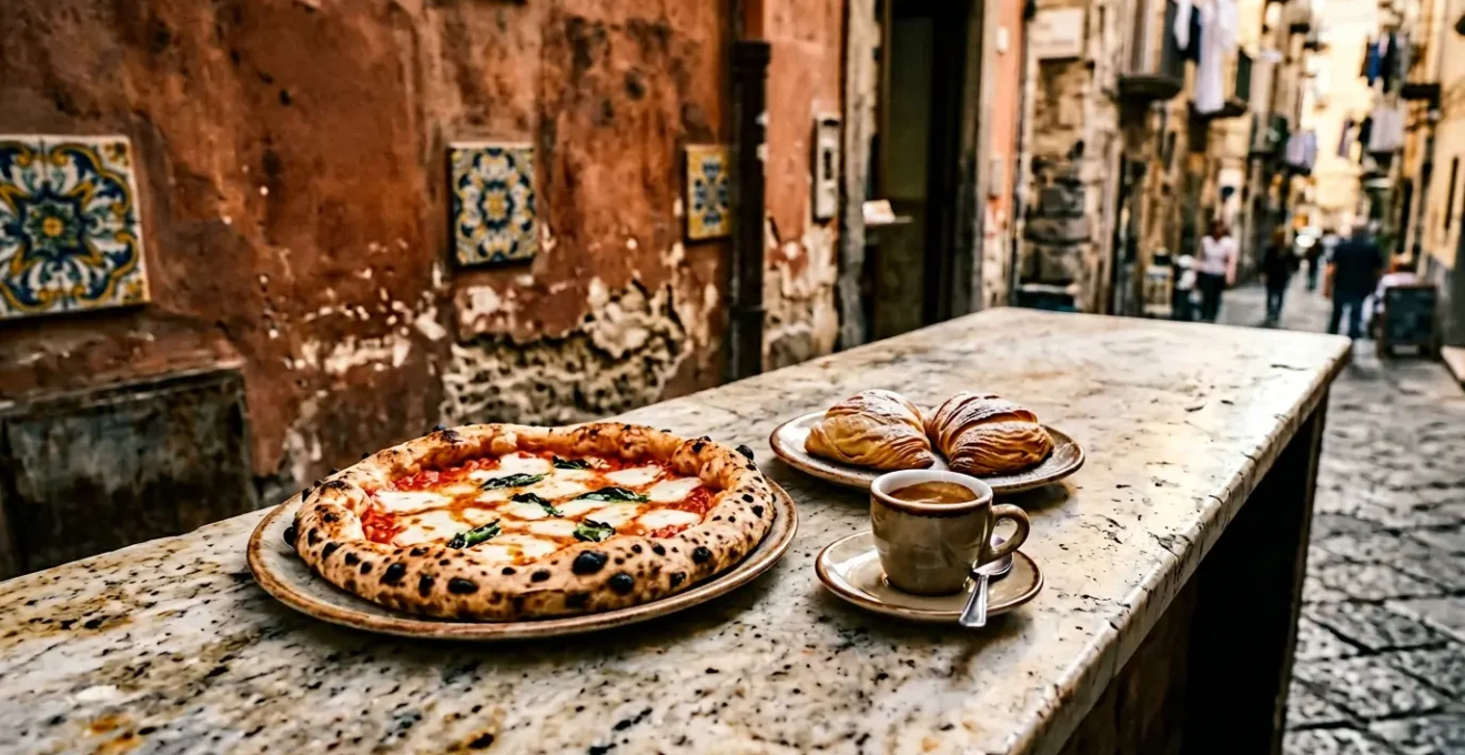 Vue d'ensemble d'une table napolitaine traditionnelle avec pizza fumante, pâtisseries et café espresso