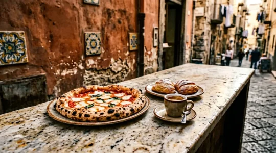 Vue d'ensemble d'une table napolitaine traditionnelle avec pizza fumante, pâtisseries et café espresso