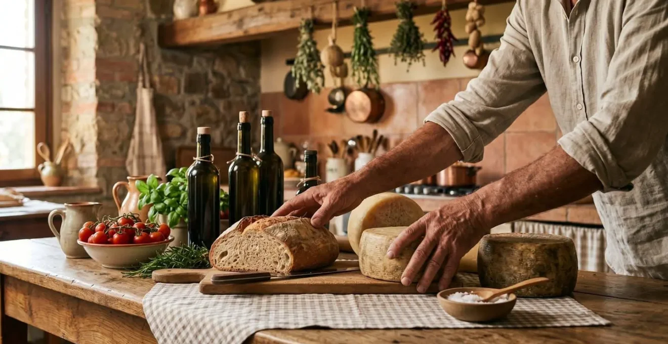 Intérieur chaleureux d'un agriturismo toscan avec table en bois rustique, produits du terroir et lumière naturelle