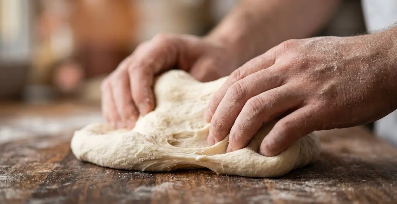 Gros plan sur les mains expertes d'un pizzaiolo napolitain façonnant une pâte à pizza de manière artisanale