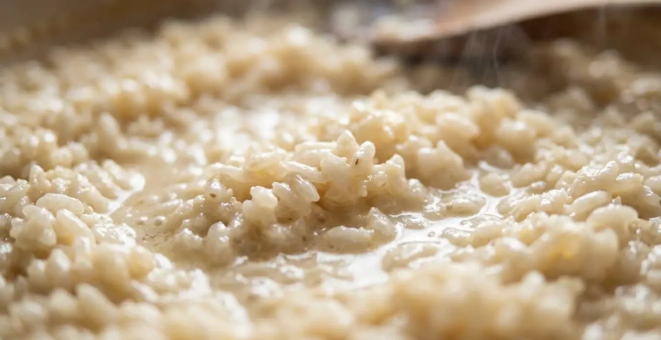 Gros plan sur la technique de mantecatura montrant l'émulsion crémeuse du risotto