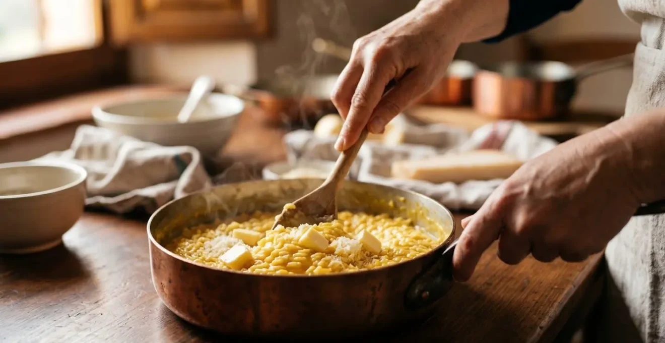 Technique de mantecatura du risotto montrant incorporation du beurre et parmesan pour créer texture crémeuse ondulante