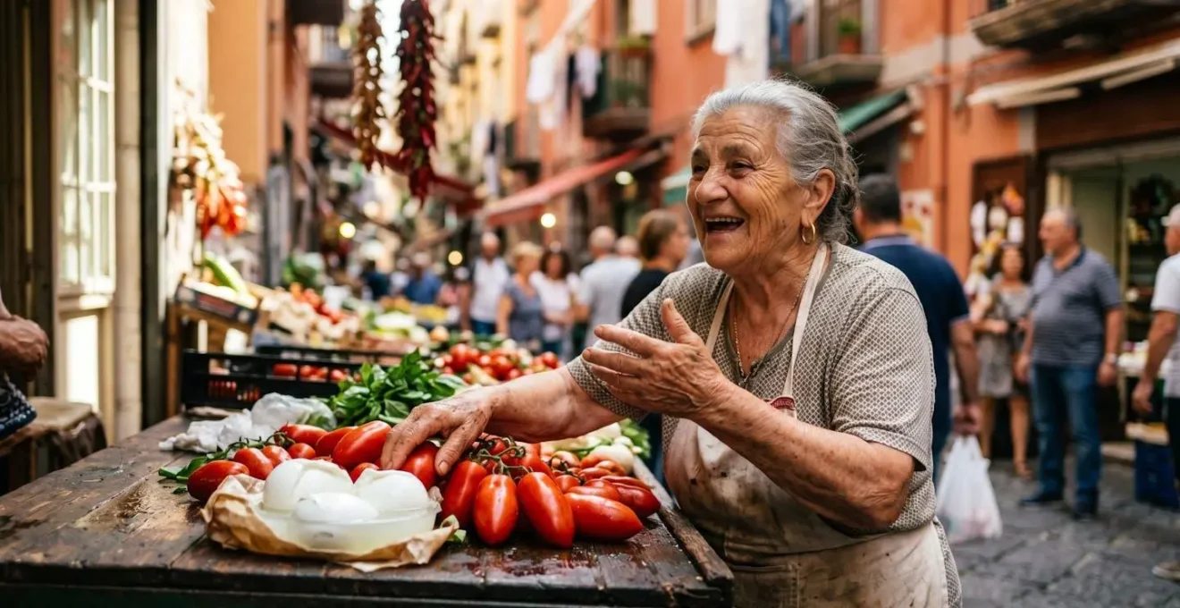 Scène de marché de quartier napolitain avec étals de produits frais et atmosphère authentique