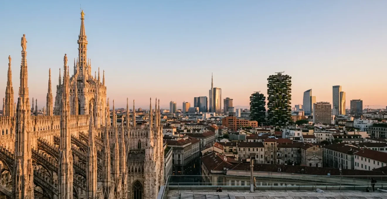 Vue panoramique de Milan illustrant le contraste entre la cathédrale gothique du Duomo et les gratte-ciels modernes à l'arrière-plan