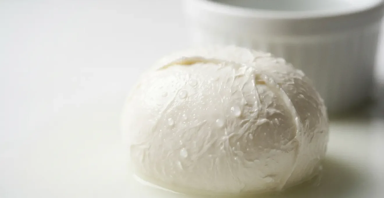 Mozzarella di bufala Campana DOP fraîche dans son liquide de conservation, texture blanc porcelaine et goutte de lactosérum perlant à la surface