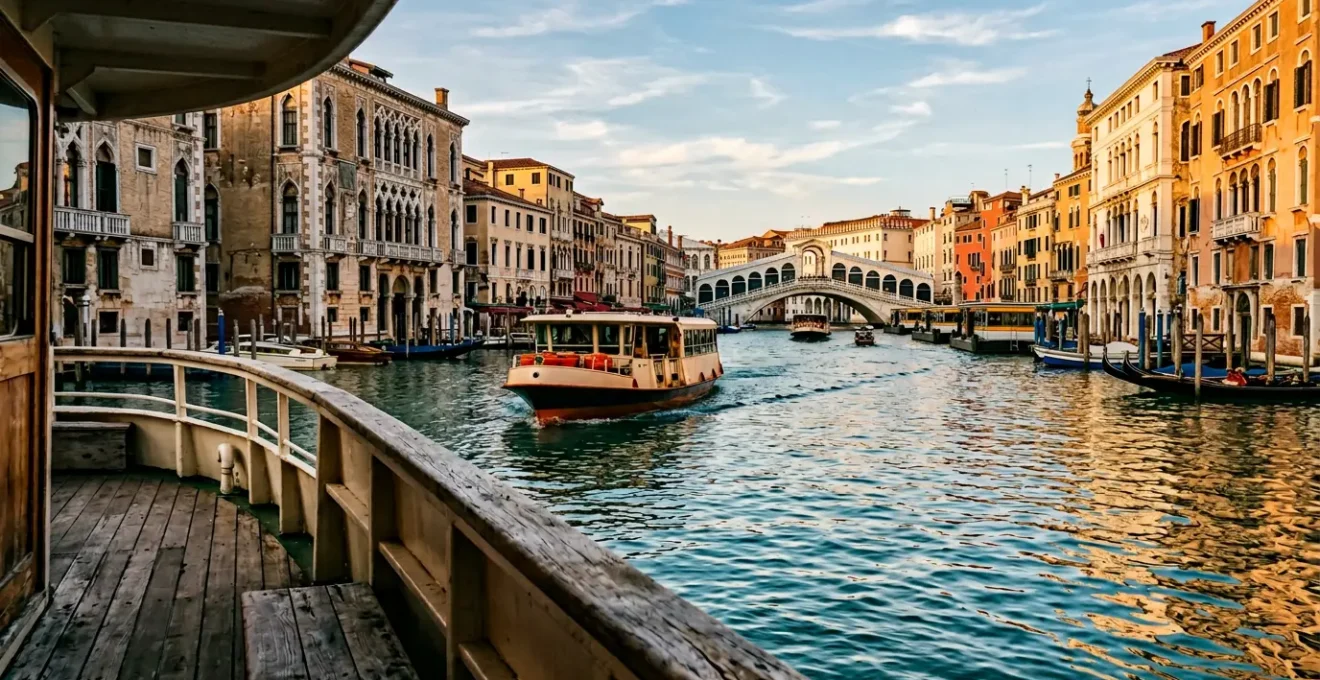 Vue panoramique du Grand Canal de Venise avec vaporetto en navigation entre palais historiques