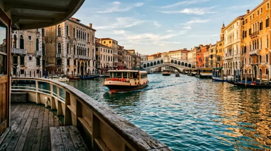 Vue panoramique du Grand Canal de Venise avec vaporetto en navigation entre palais historiques