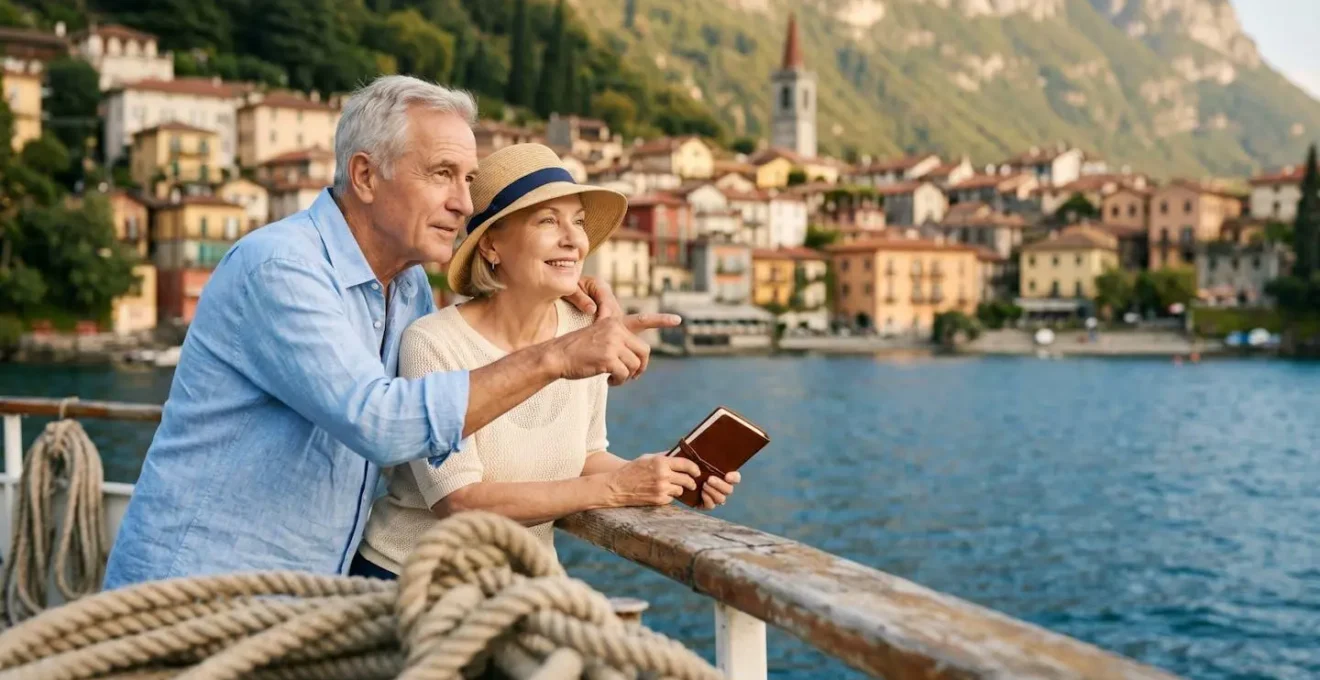 Ferry naviguant sur les eaux calmes d'un lac alpin italien avec villages colorés en arrière-plan