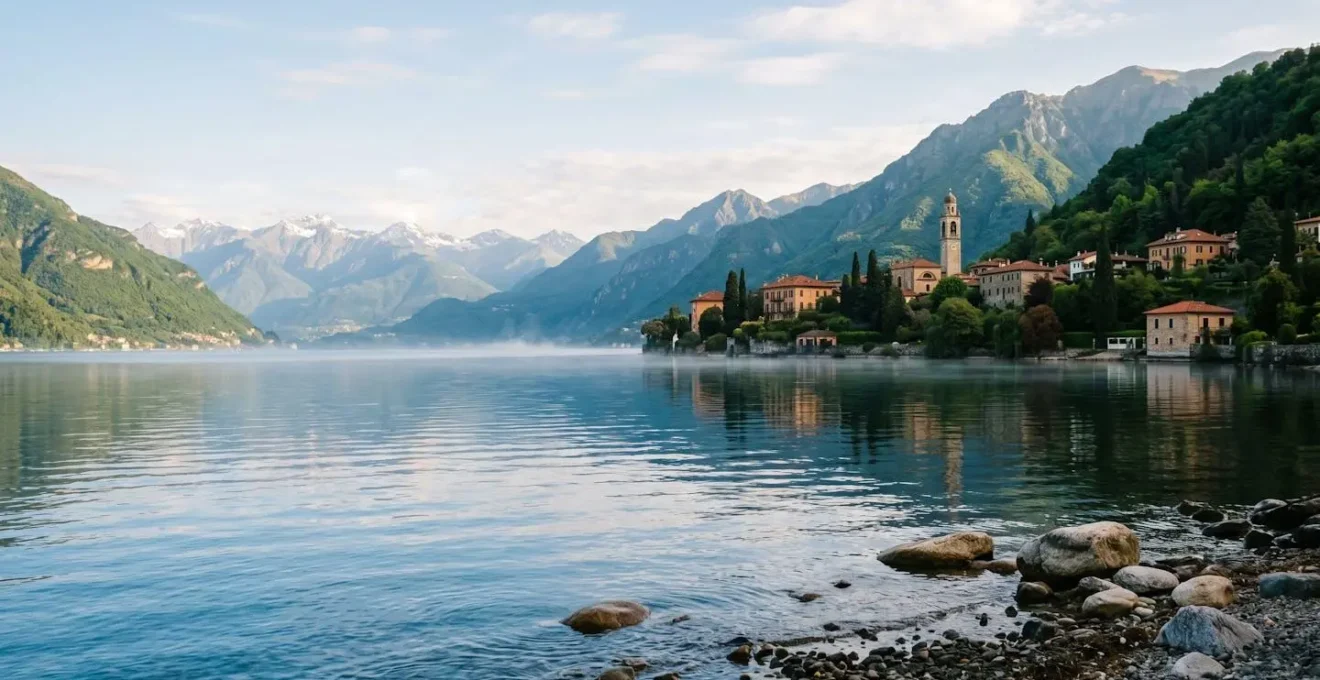 Vue panoramique des lacs alpins italiens avec montagnes et villages au bord de l'eau