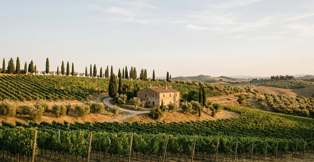 Paysage vallonné de campagne toscane avec cyprès, vignobles et ferme traditionnelle au coucher du soleil