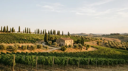Paysage vallonné de campagne toscane avec cyprès, vignobles et ferme traditionnelle au coucher du soleil