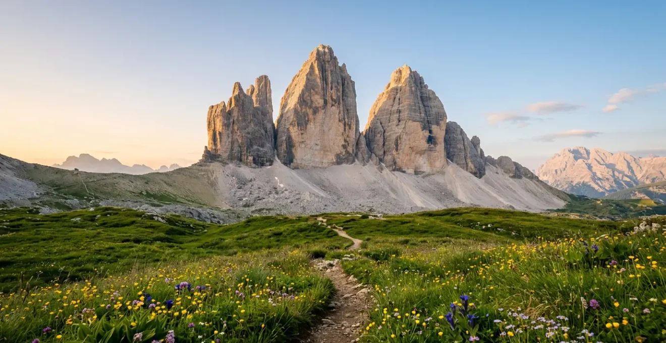 Vue panoramique des sommets spectaculaires des Dolomites italiennes entre Trentin et Vénétie avec leurs formations rocheuses verticales caractéristiques