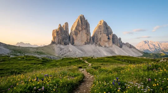 Vue panoramique des sommets spectaculaires des Dolomites italiennes entre Trentin et Vénétie avec leurs formations rocheuses verticales caractéristiques