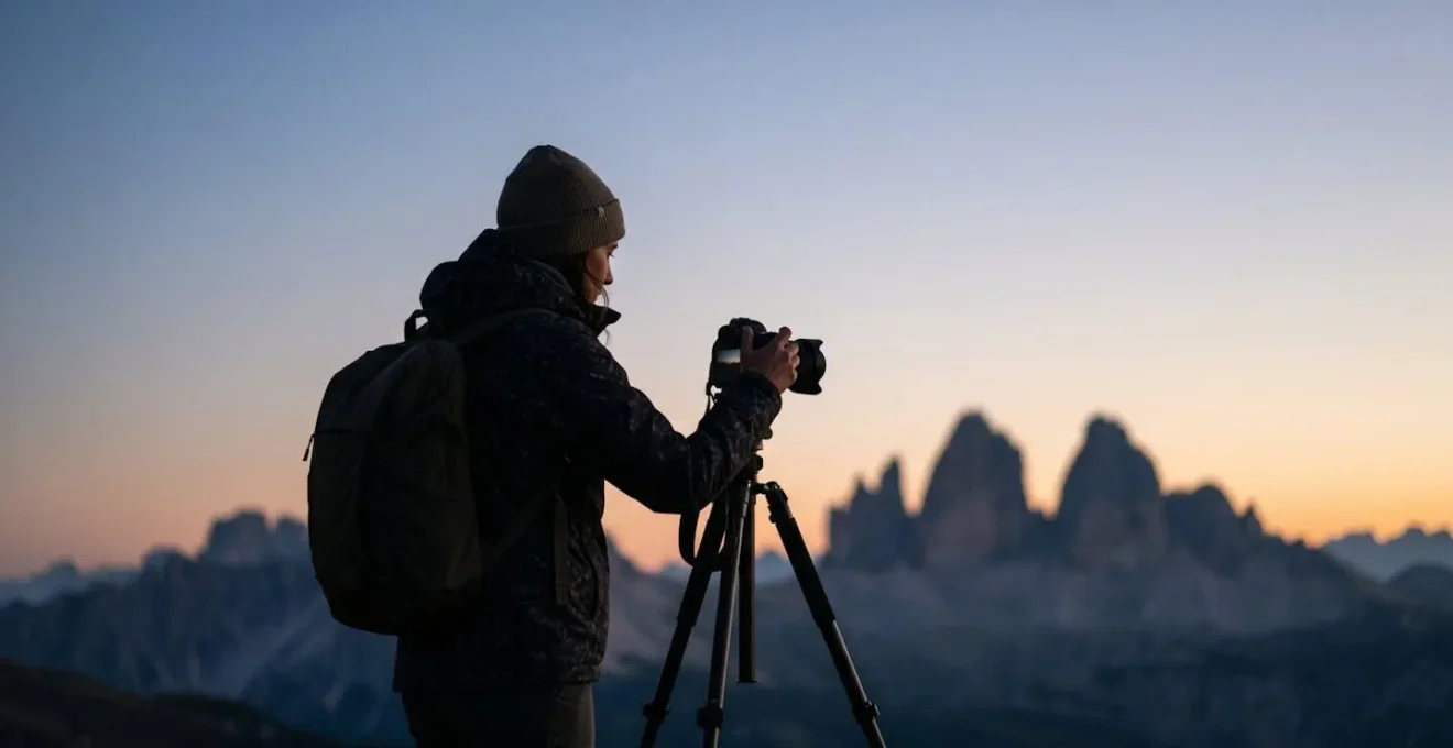 Photographe préparant son équipement à l'aube dans les Dolomites avec vue sur les sommets