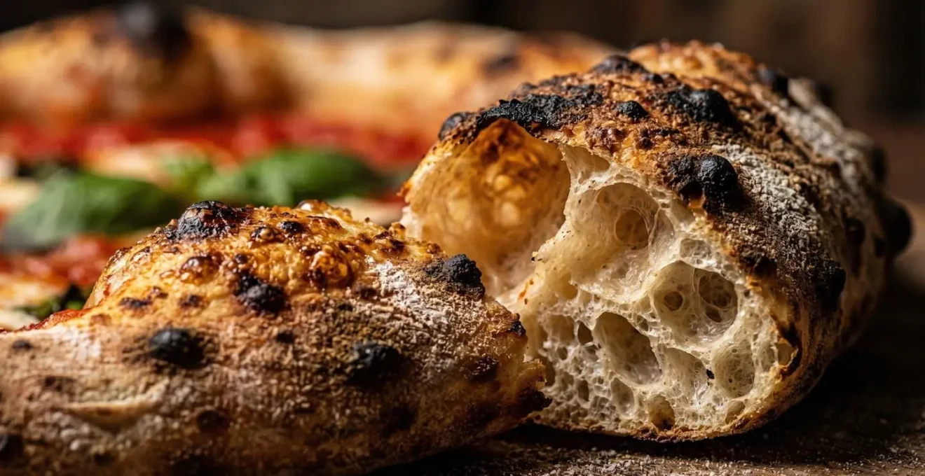 Gros plan sur une pizza napolitaine avec son cornicione alvéolé et les taches de léopard caractéristiques