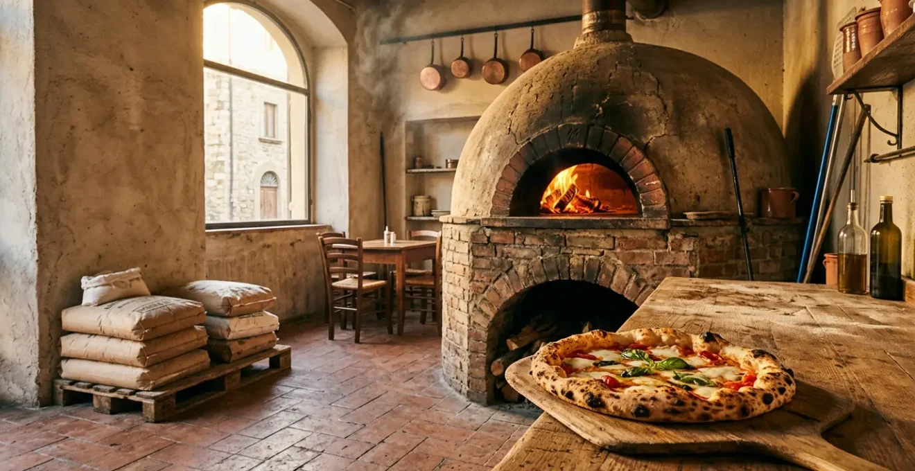 Pizza napolitaine authentique sortant d'un four traditionnel à bois à Naples avec cornicione gonflé et mozzarella fondante
