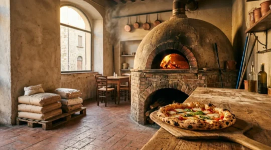Pizza napolitaine authentique sortant d'un four traditionnel à bois à Naples avec cornicione gonflé et mozzarella fondante