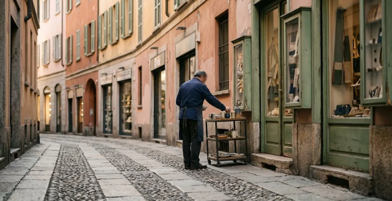 Rue pavée pittoresque du quartier de Brera avec façades colorées, petites boutiques d'artisans et atmosphère authentique milanaise