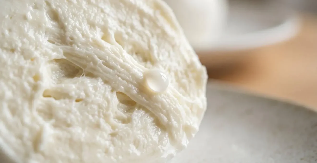 Détail macro d'une mozzarella di bufala fraîche montrant la texture blanc porcelaine et la goutte de lactosérum caractéristique