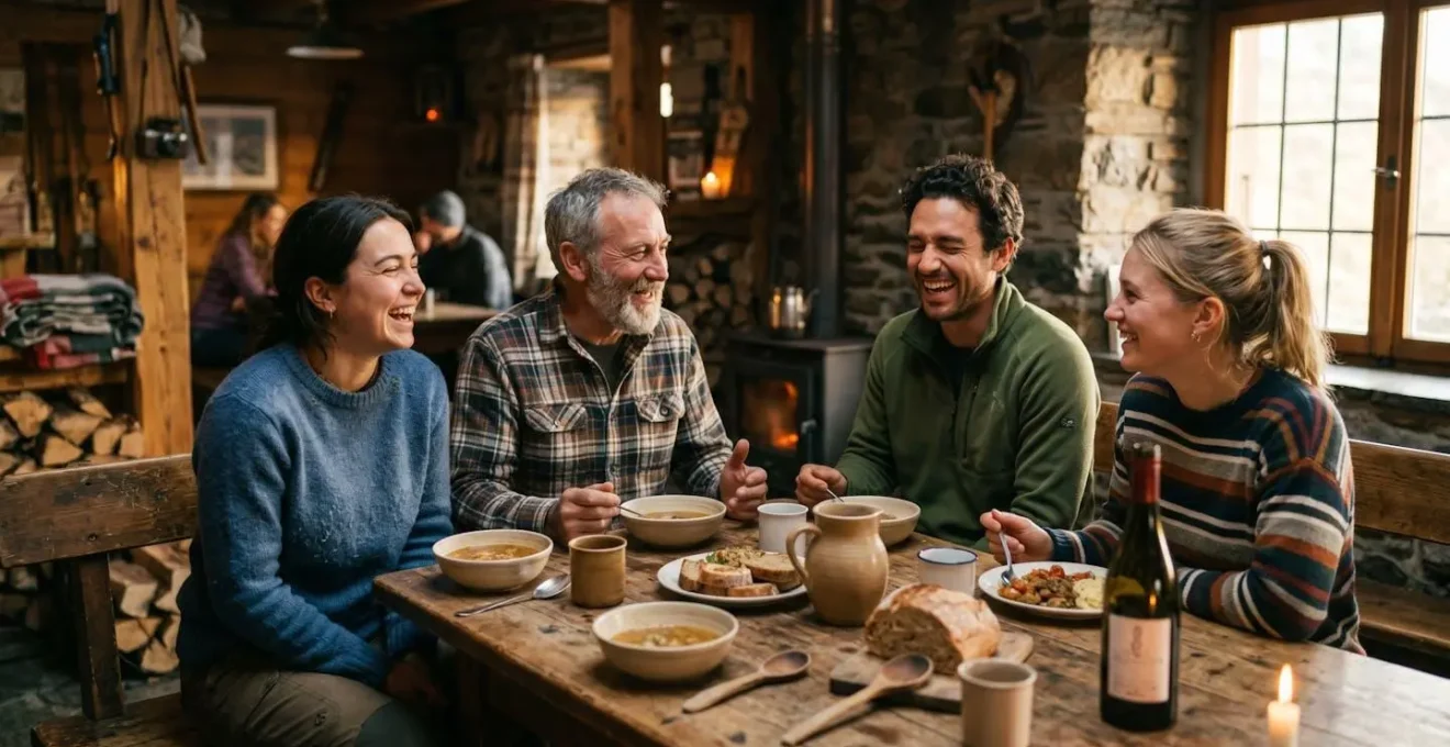Interieur chaleureux d'un refuge de montagne dans les Dolomites au coucher du soleil avec randonneurs partageant un repas