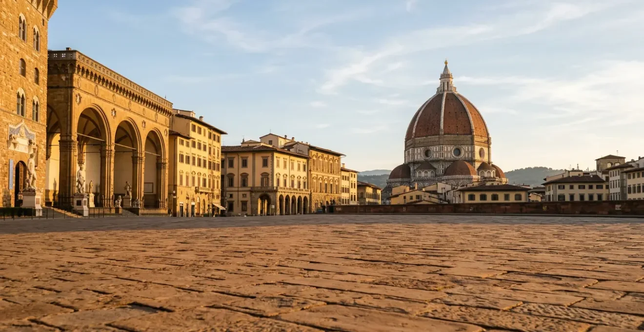 Perspective architecturale florentine de la Renaissance avec dôme et place historique