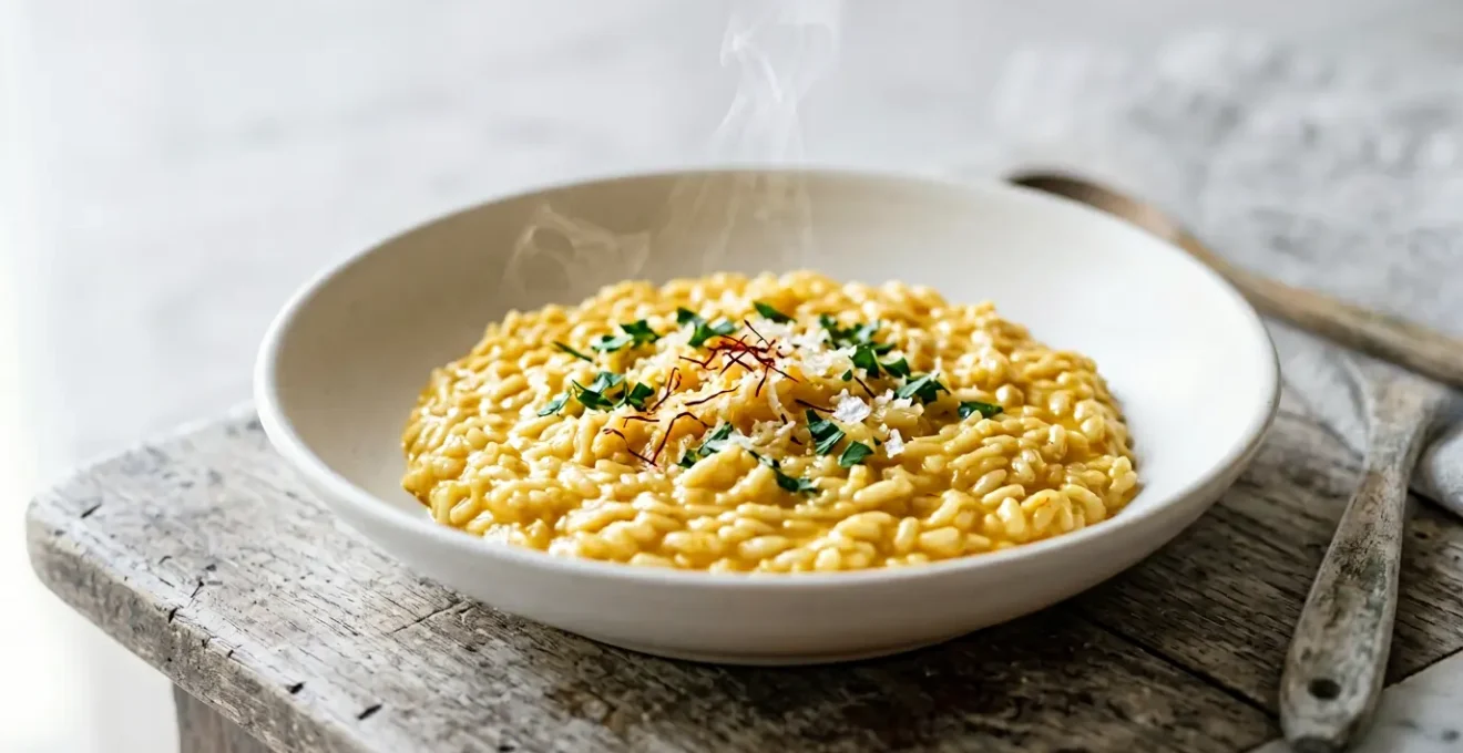 Risotto à la milanaise doré au safran dans une assiette blanche sur fond neutre