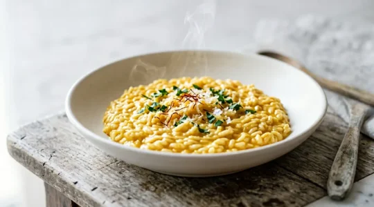 Risotto à la milanaise doré au safran dans une assiette blanche sur fond neutre