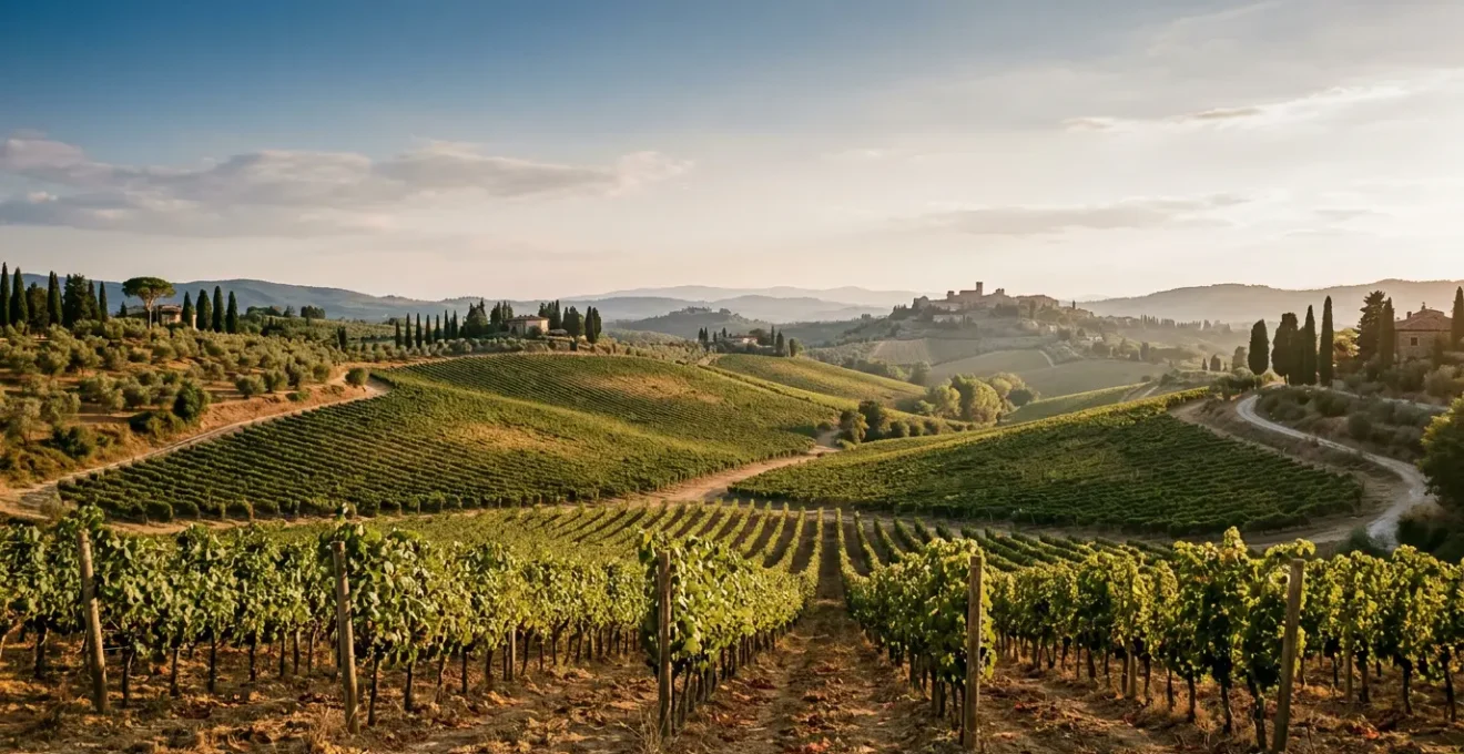 Paysage pittoresque de vignobles en Toscane avec collines ondulantes et cyprès