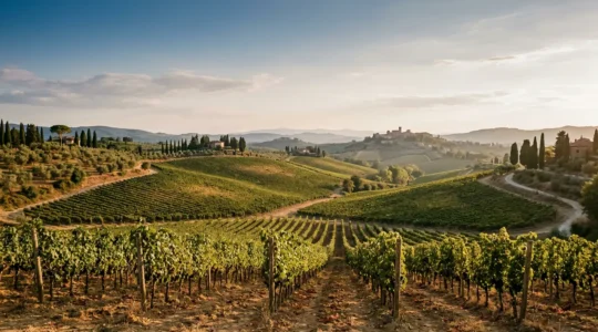 Paysage pittoresque de vignobles en Toscane avec collines ondulantes et cyprès