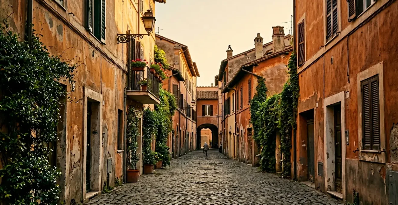 Ruelle authentique romaine avec façades ocres et détails architecturaux