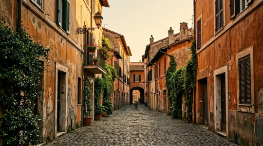Ruelle authentique romaine avec façades ocres et détails architecturaux