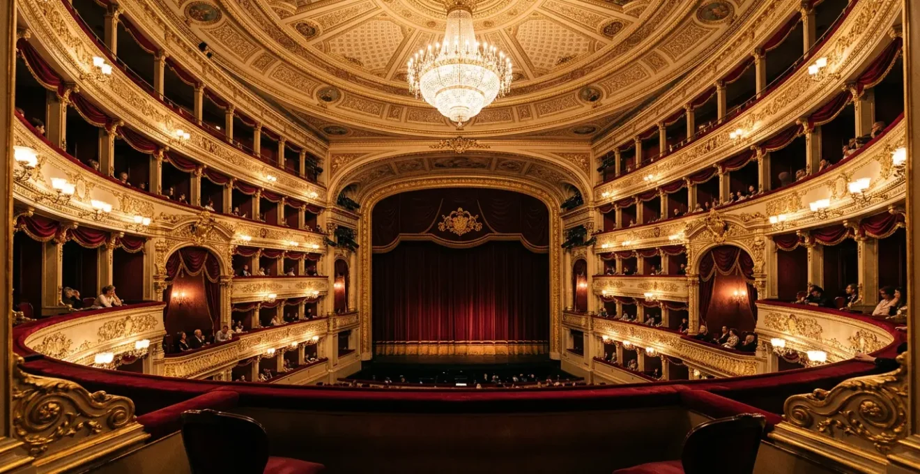 Intérieur somptueux du Teatro alla Scala de Milan avec ses balcons dorés et ses fauteuils en velours rouge