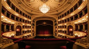 Intérieur somptueux du Teatro alla Scala de Milan avec ses balcons dorés et ses fauteuils en velours rouge