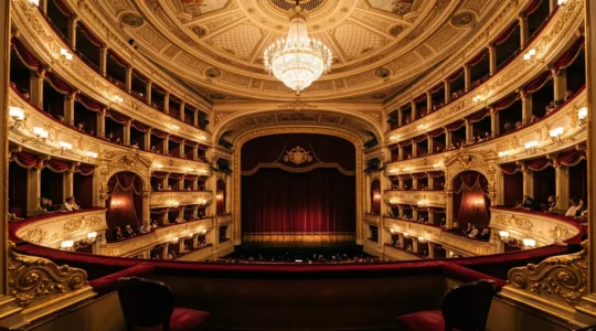 Intérieur somptueux du Teatro alla Scala de Milan avec ses balcons dorés et ses fauteuils en velours rouge