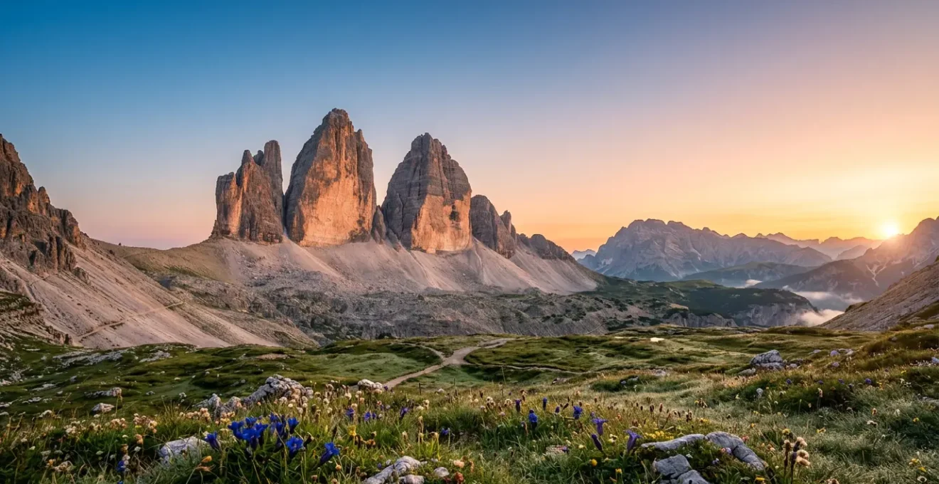 Panorama spectaculaire des sommets des Dolomites italiennes illuminés par la lumière dorée du lever de soleil