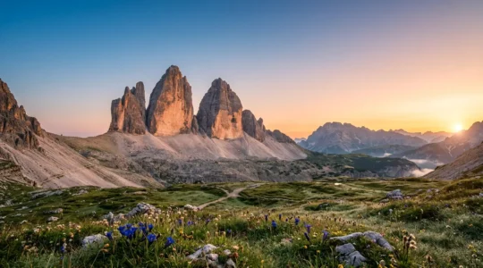 Panorama spectaculaire des sommets des Dolomites italiennes illuminés par la lumière dorée du lever de soleil