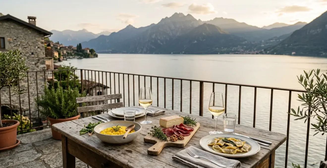 Table gastronomique lombarde avec vue sur les lacs alpins italiens