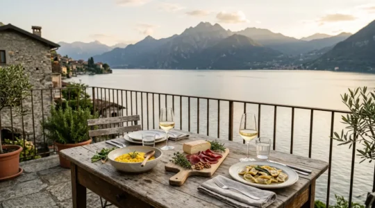Table gastronomique lombarde avec vue sur les lacs alpins italiens
