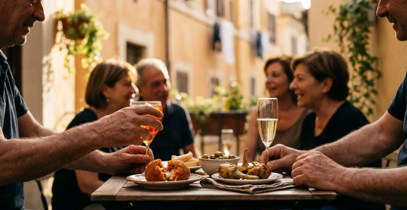 Scène d'aperitivo romain en terrasse avec produits locaux et ambiance authentique