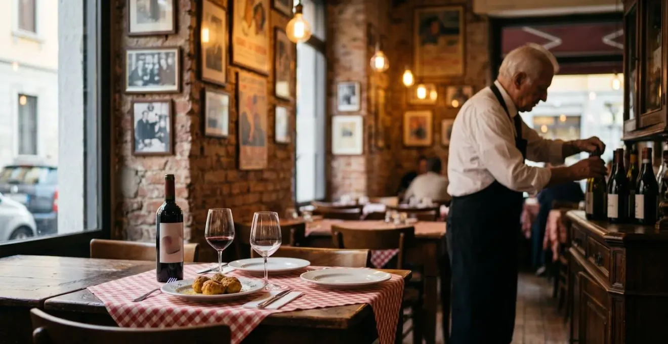 Intérieur chaleureux d'une trattoria milanaise historique avec tables en bois